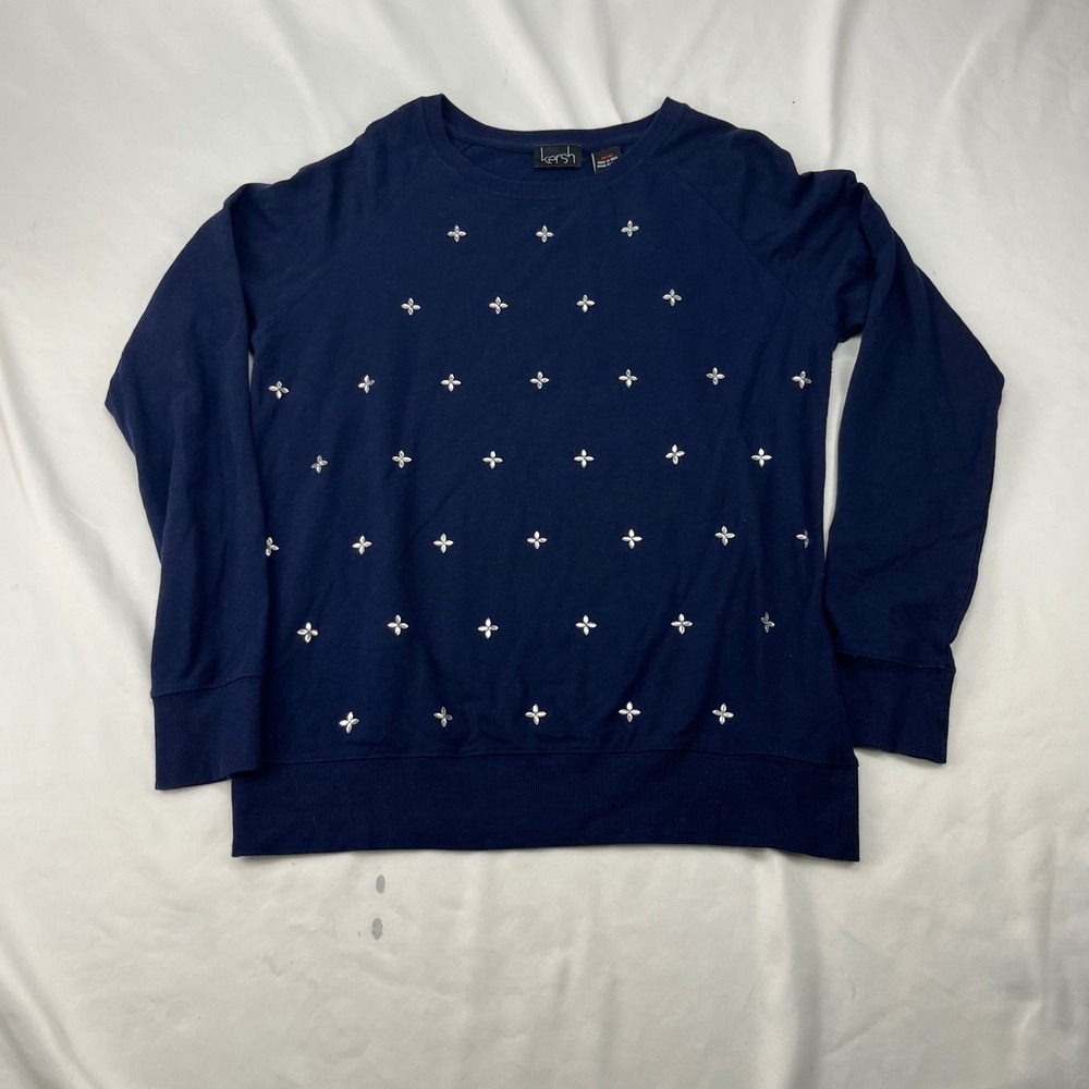 Kersh Rhinestone Embellished Floral Stud Navy Blue Raglan Sweatshirt